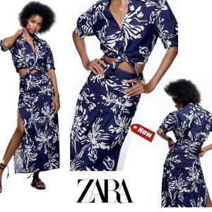 Zara navy long printed high waisted pleated side slit skirt Sz M NWT